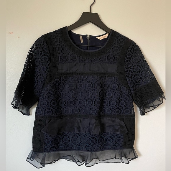 Rebecca Taylor Blue Black Lace Top - Picture 1 of 6